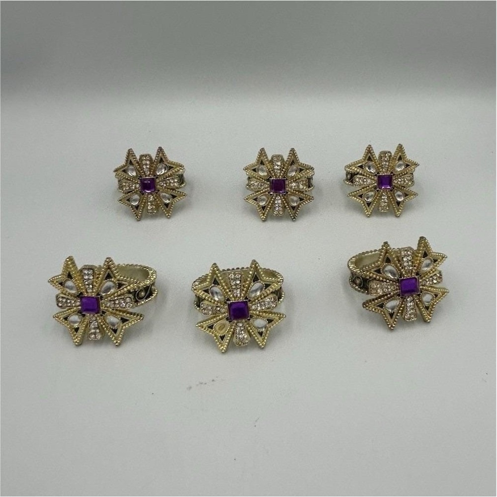 Set of 6 Gold Tone Starburst Beaded Napkin Rings w/ Purple Center Accent